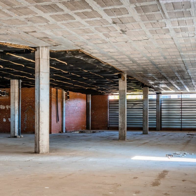 Tenant improvement construction site after demolition phase has been completed